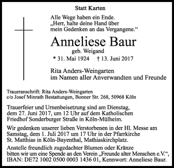 Anzeige von Anneliese Baur von Kölner Stadt-Anzeiger / Kölnische Rundschau / Express