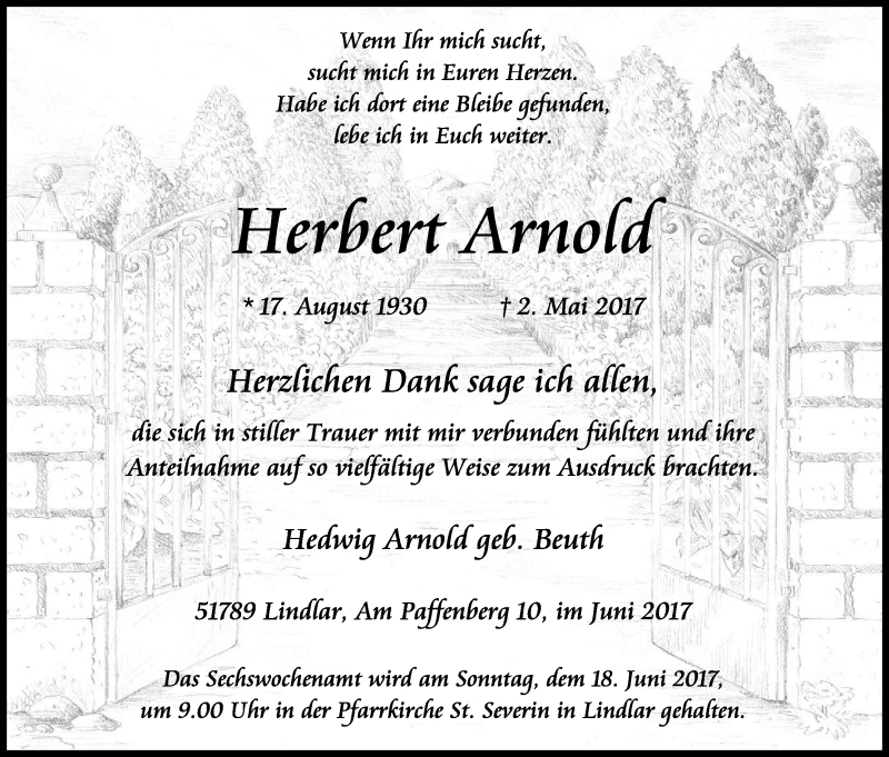  Traueranzeige für Herbert Arnold vom 10.06.2017 aus Kölner Stadt-Anzeiger / Kölnische Rundschau / Express