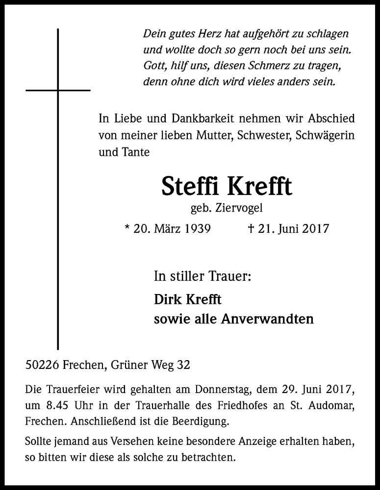  Traueranzeige für Steffi Krefft vom 24.06.2017 aus Kölner Stadt-Anzeiger / Kölnische Rundschau / Express