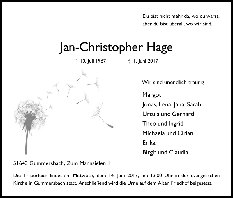  Traueranzeige für Jan-Christopher Hage vom 09.06.2017 aus Kölner Stadt-Anzeiger / Kölnische Rundschau / Express