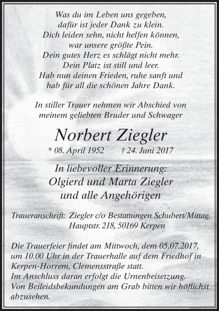  Traueranzeige für Norbert  Ziegler vom 01.07.2017 aus  Sonntags-Post 