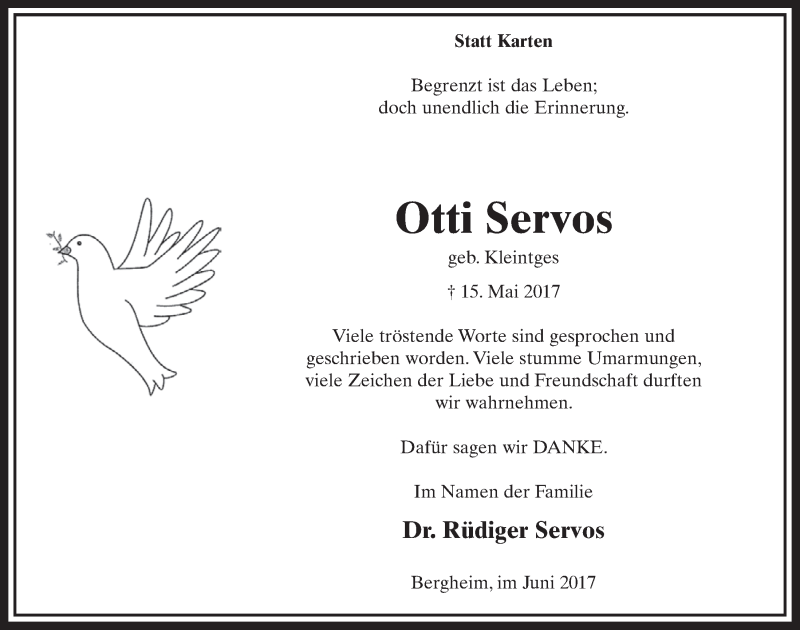  Traueranzeige für Otti Servos vom 10.06.2017 aus  Sonntags-Post 
