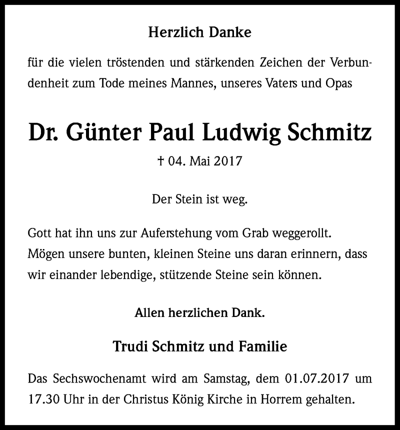  Traueranzeige für Günter Paul Ludwig Schmitz vom 10.06.2017 aus Kölner Stadt-Anzeiger / Kölnische Rundschau / Express