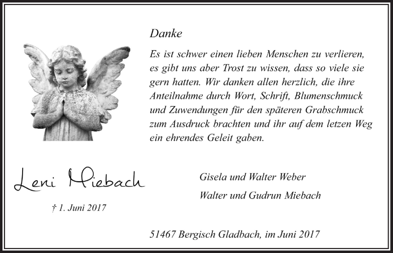  Traueranzeige für Leni Miebach vom 28.06.2017 aus  Bergisches Handelsblatt 