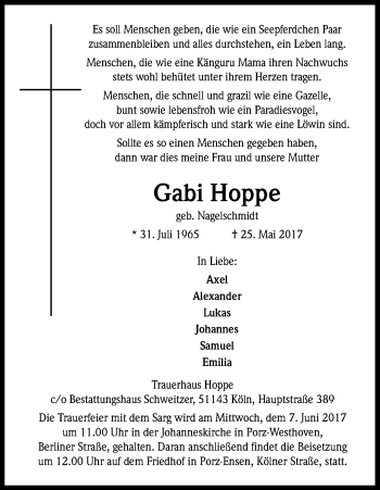 Anzeige von Gabi Hoppe von Kölner Stadt-Anzeiger / Kölnische Rundschau / Express