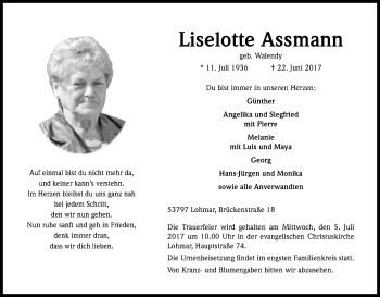 Anzeige von Liselotte Assmann von Kölner Stadt-Anzeiger / Kölnische Rundschau / Express
