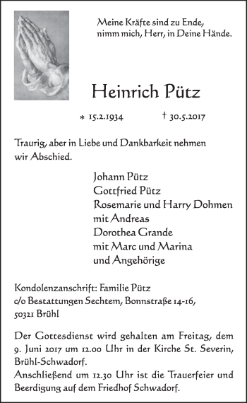 Anzeige von Heinrich Pütz von  Schlossbote/Werbekurier 