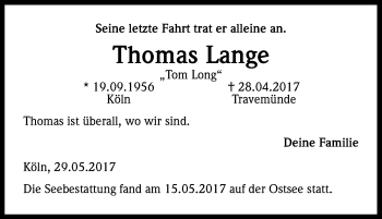Anzeige von Thomas Lange von Kölner Stadt-Anzeiger / Kölnische Rundschau / Express