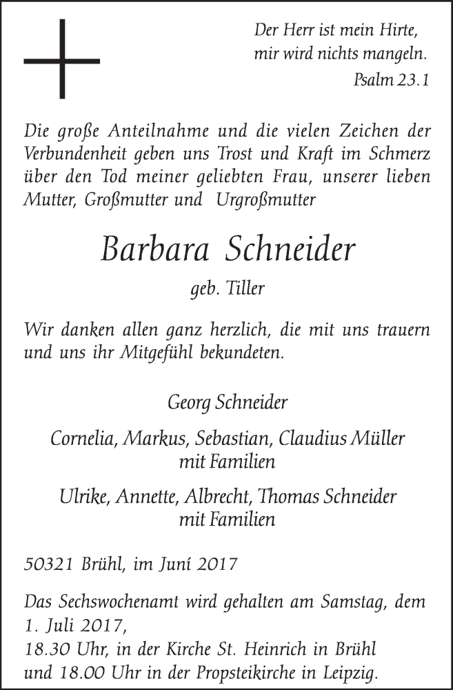  Traueranzeige für Barbara Schneider vom 21.06.2017 aus  Schlossbote/Werbekurier 