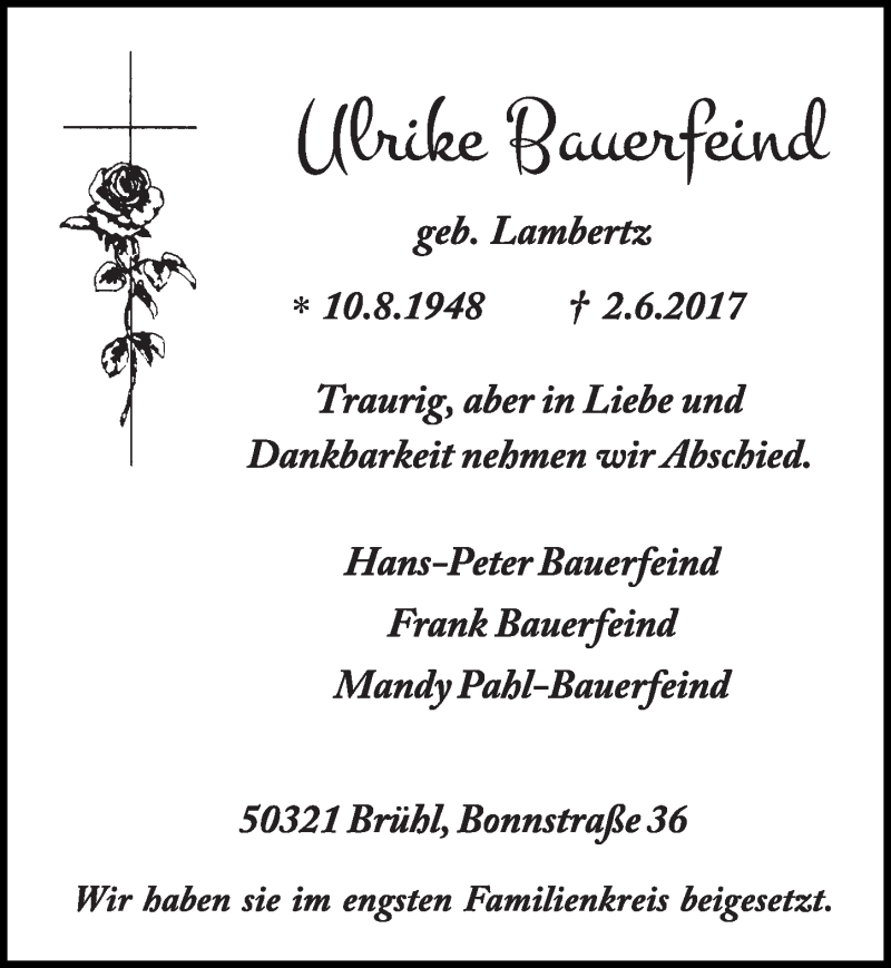  Traueranzeige für Ulrike Bauerfeind vom 14.06.2017 aus  Schlossbote/Werbekurier 
