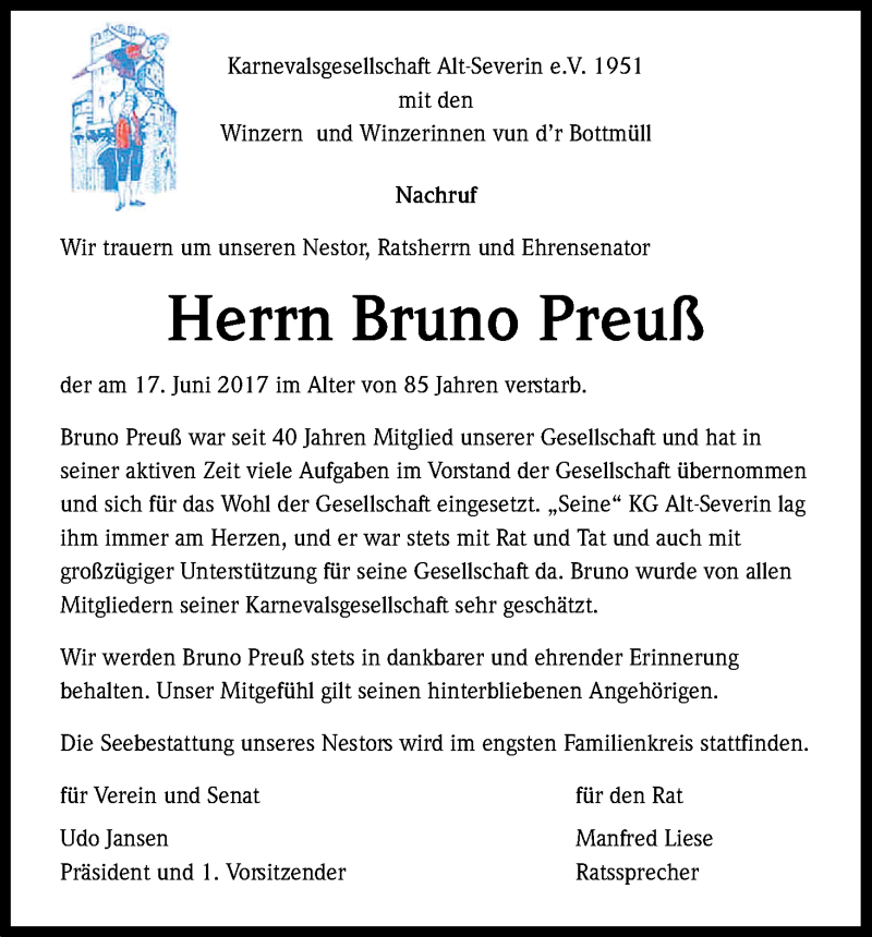  Traueranzeige für Bruno Preuß vom 28.06.2017 aus Kölner Stadt-Anzeiger / Kölnische Rundschau / Express