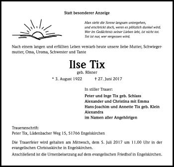 Anzeige von Ilse Tix von Kölner Stadt-Anzeiger / Kölnische Rundschau / Express