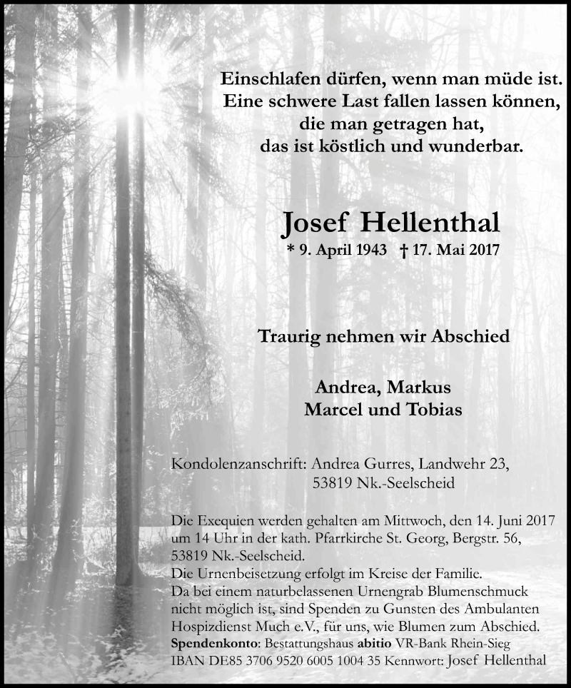  Traueranzeige für Josef Hellenthal vom 03.06.2017 aus Kölner Stadt-Anzeiger / Kölnische Rundschau / Express