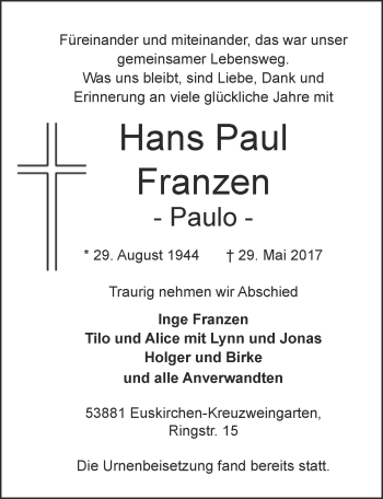 Anzeige von Hans Paul Franzen von  Blickpunkt Euskirchen 
