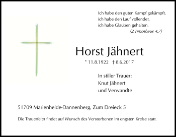 Anzeige von Horst Jähnert von Kölner Stadt-Anzeiger / Kölnische Rundschau / Express