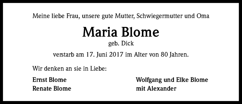  Traueranzeige für Maria Blome vom 01.07.2017 aus Kölner Stadt-Anzeiger / Kölnische Rundschau / Express