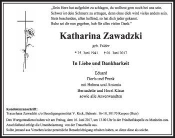 Anzeige von Katharina Zawadzki von  Sonntags-Post 