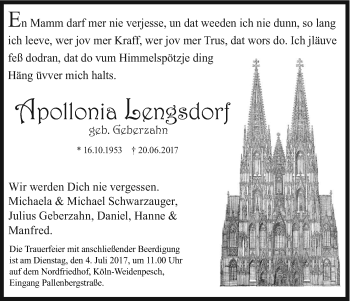 Anzeige von Apollonia Lengsdorf von Kölner Stadt-Anzeiger / Kölnische Rundschau / Express