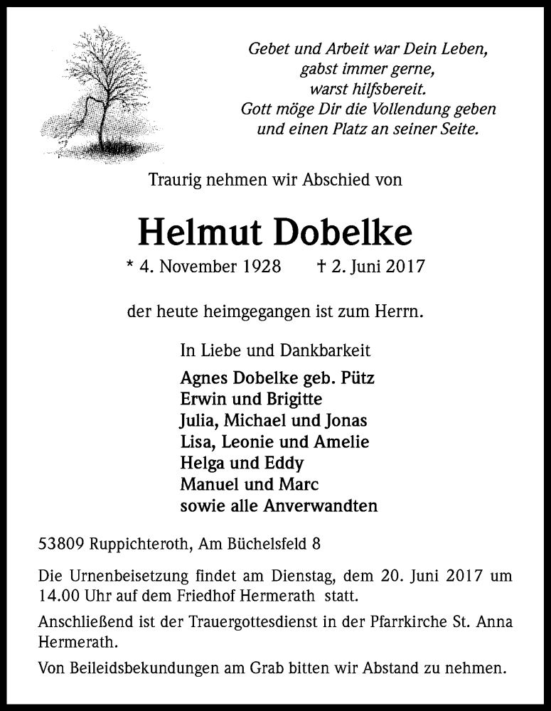  Traueranzeige für Helmut Dobelke vom 09.06.2017 aus Kölner Stadt-Anzeiger / Kölnische Rundschau / Express