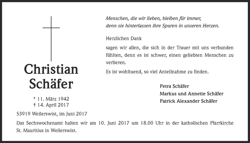  Traueranzeige für Christian Schäfer vom 03.06.2017 aus  Blickpunkt Euskirchen 