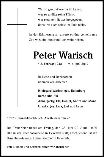 Anzeige von Peter Warisch von Kölner Stadt-Anzeiger / Kölnische Rundschau / Express