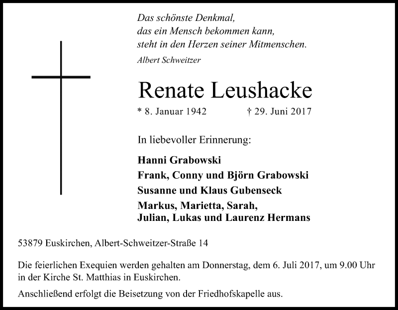  Traueranzeige für Renate Leushacke vom 01.07.2017 aus Kölner Stadt-Anzeiger / Kölnische Rundschau / Express