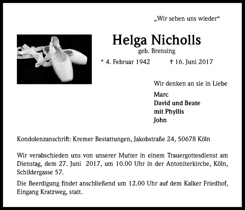  Traueranzeige für Helga Nicholls vom 23.06.2017 aus Kölner Stadt-Anzeiger / Kölnische Rundschau / Express