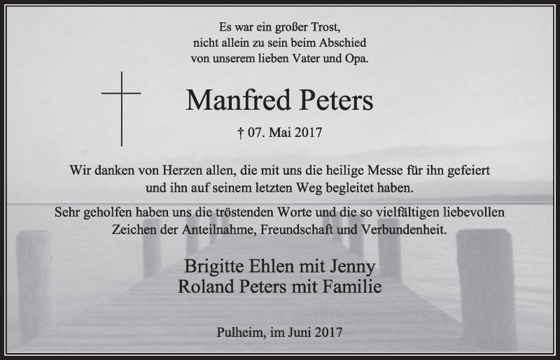  Traueranzeige für Manfred Peters vom 03.06.2017 aus  Sonntags-Post 