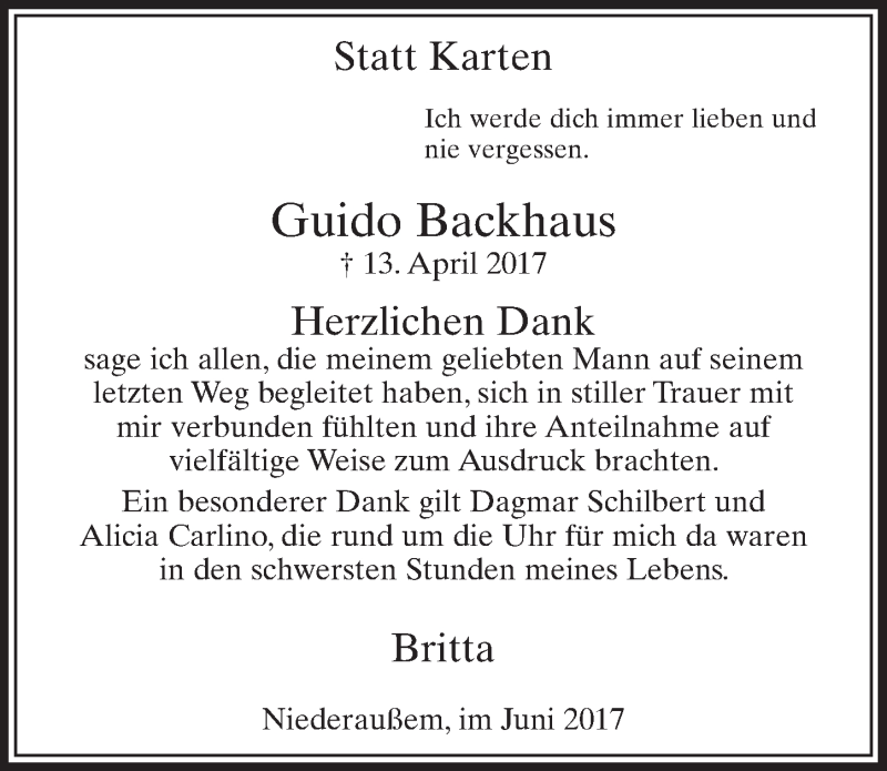  Traueranzeige für Guido Backhaus vom 03.06.2017 aus  Sonntags-Post 