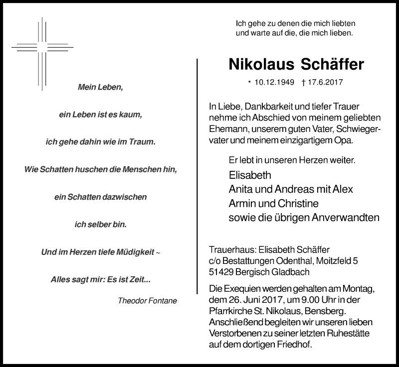  Traueranzeige für Nikolaus Schäffer vom 22.06.2017 aus Kölner Stadt-Anzeiger / Kölnische Rundschau / Express