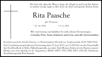Anzeige von Rita Paasche von Kölner Stadt-Anzeiger / Kölnische Rundschau / Express