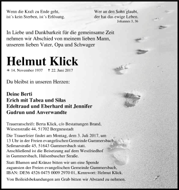 Anzeige von Helmut Klick von Kölner Stadt-Anzeiger / Kölnische Rundschau / Express