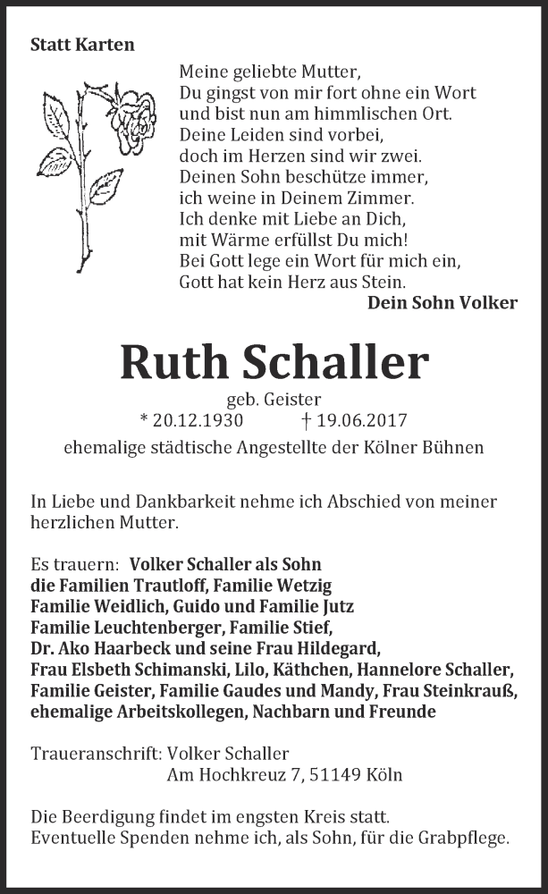 Traueranzeige für Ruth Schaller vom 28.06.2017 aus  Kölner Wochenspiegel 