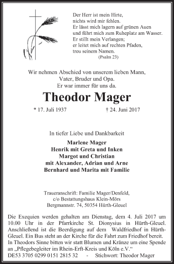 Anzeige von Theodor Mager von  Wochenende 