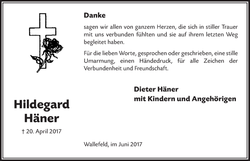  Traueranzeige für Hildegard Häner vom 21.06.2017 aus  Anzeigen Echo 