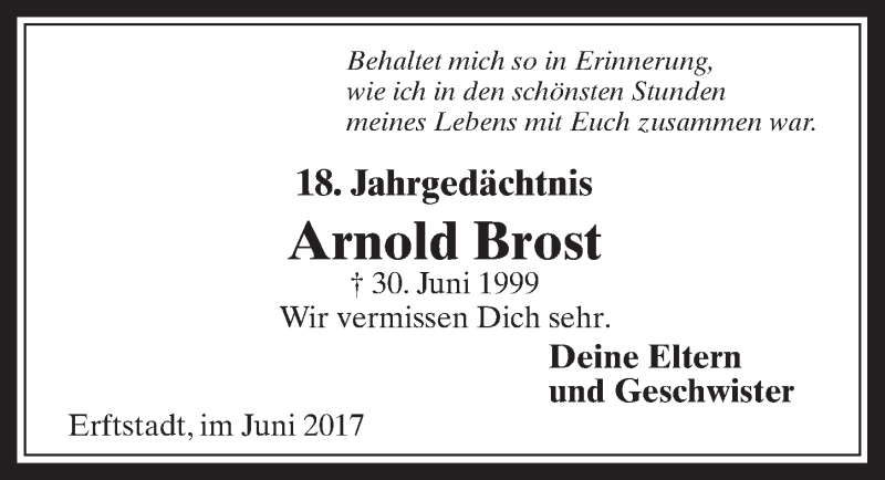  Traueranzeige für Arnold Brost vom 14.06.2017 aus  Werbepost 
