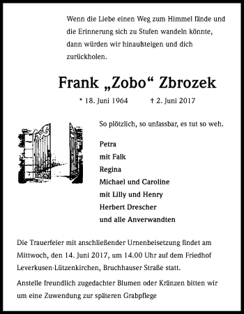 Anzeige von Frank  Zbrozek von Kölner Stadt-Anzeiger / Kölnische Rundschau / Express