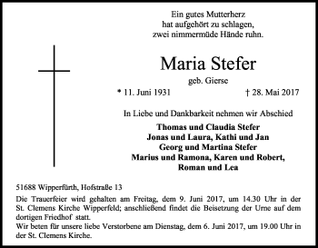 Anzeige von Maria Stefer von Kölner Stadt-Anzeiger / Kölnische Rundschau / Express