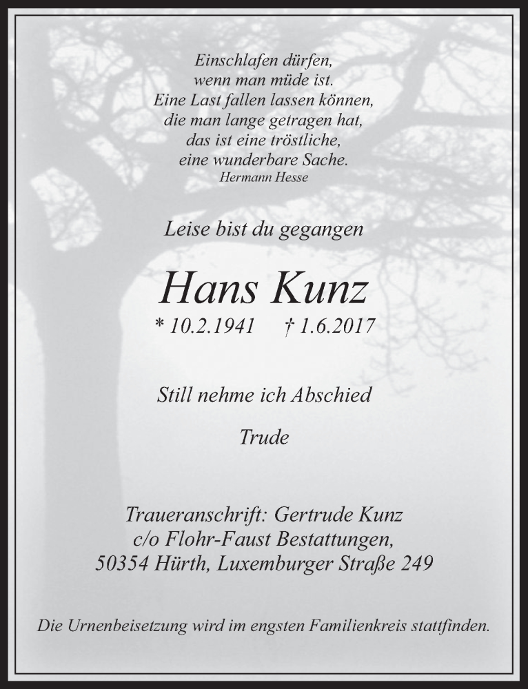  Traueranzeige für Hans Kunz vom 07.06.2017 aus  Wochenende 
