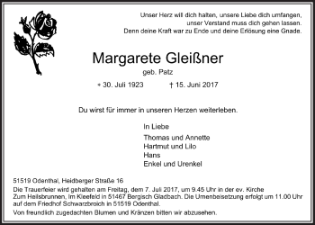 Anzeige von Margarete Gleißner von  Bergisches Sonntagsblatt 
