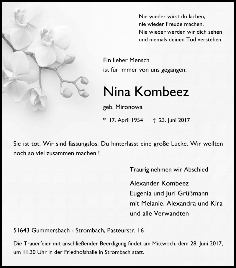  Traueranzeige für Nina Kombeez vom 26.06.2017 aus Kölner Stadt-Anzeiger / Kölnische Rundschau / Express