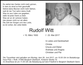 Anzeige von Rudolf Witt von Kölner Stadt-Anzeiger / Kölnische Rundschau / Express