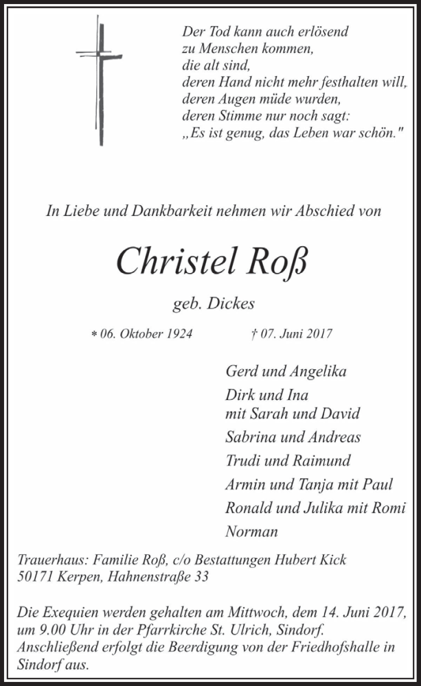  Traueranzeige für Christel Roß vom 10.06.2017 aus  Sonntags-Post 