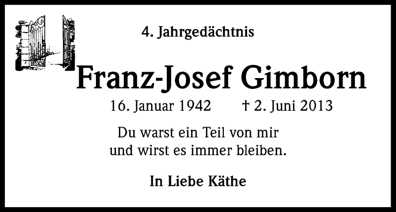  Traueranzeige für Franz-Josef Gimborn vom 02.06.2017 aus Kölner Stadt-Anzeiger / Kölnische Rundschau / Express