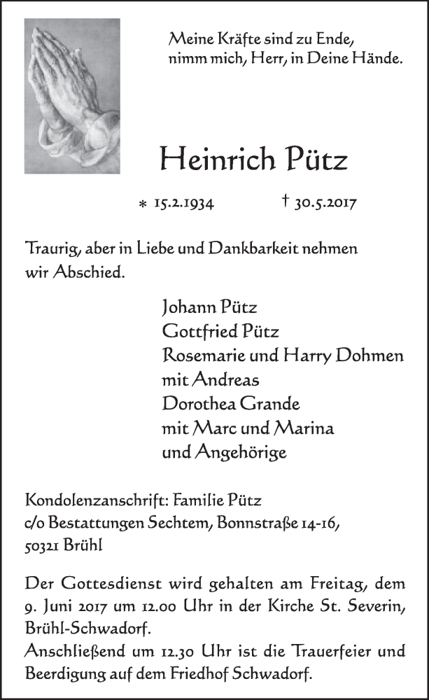  Traueranzeige für Heinrich Pütz vom 07.06.2017 aus  Schlossbote/Werbekurier 