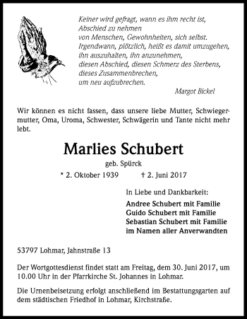 Anzeige von Marlies Schubert von Kölner Stadt-Anzeiger / Kölnische Rundschau / Express