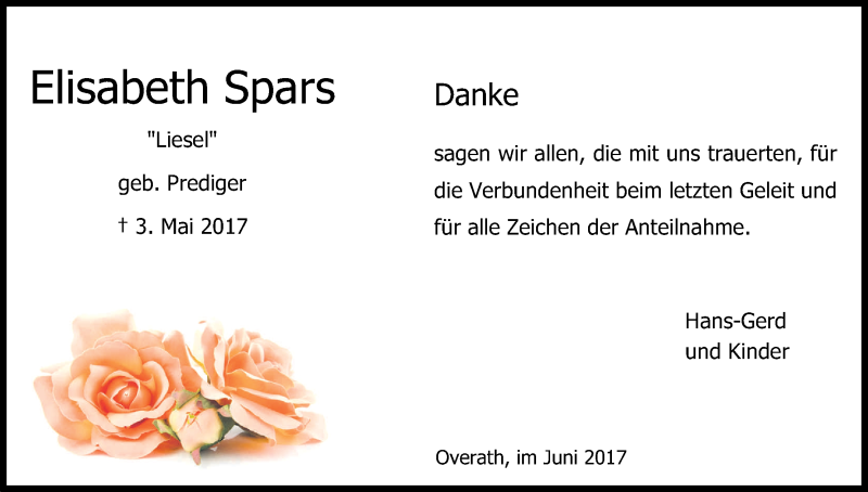  Traueranzeige für Elisabeth Spars vom 14.06.2017 aus Kölner Stadt-Anzeiger / Kölnische Rundschau / Express