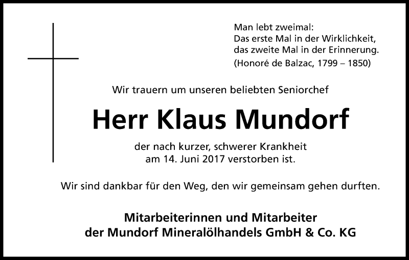  Traueranzeige für Klaus Mundorf vom 21.06.2017 aus Kölner Stadt-Anzeiger / Kölnische Rundschau / Express