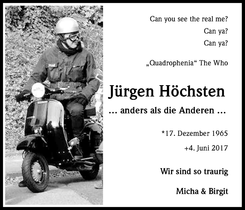  Traueranzeige für Jürgen Höchsten vom 10.06.2017 aus Kölner Stadt-Anzeiger / Kölnische Rundschau / Express