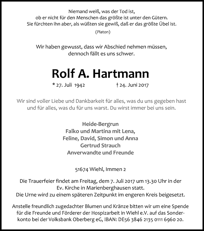  Traueranzeige für Rolf A. Hartmann vom 28.06.2017 aus Kölner Stadt-Anzeiger / Kölnische Rundschau / Express
